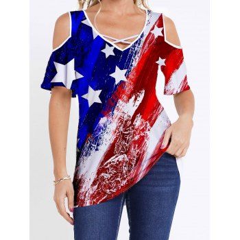 Star Striped Contrast Color T Shirt Crisscross Cold Shoulder Casual Long Patriotic Tee, Multicolor
Star Striped Contrast Color T Shirt Crisscross Cold Shoulder Casual Long Patriotic Tee, Multicolor