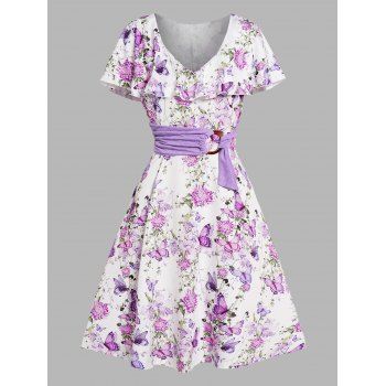 Allover Flower Butterfly Print Midi Dress Flounce O Ring Self-belt V Neck Garden Dress, Purple
Allover Flower Butterfly Print Midi Dress Flounce O Ring Self-belt V Neck Garden Dress, Purple