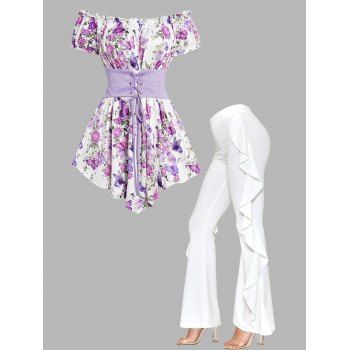 Butterfly Flower Print Off The Shoulder Lace Up Asymmetrical T Shirt And Draped Ruffle Flare Pants Casual Outfit, White
Butterfly Flower Print Off The Shoulder Lace Up Asymmetrical T Shirt And Draped Ruffle Flare Pants Casual Outfit, White