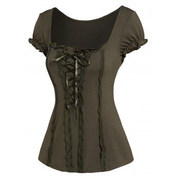 Lace Up T Shirt Lace Insert Ruffle Square Collar Plain Color Casual Tee, Deep green
Lace Up T Shirt Lace Insert Ruffle Square Collar Plain Color Casual Tee, Deep green