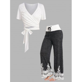 Plain Color Crossover Cropped Top And Flower Guipure Applique Space Dye Print Wide Leg Pants Casual Outfit, Multicolor
Plain Color Crossover Cropped Top And Flower Guipure Applique Space Dye Print Wide Leg Pants Casual Outfit, Multicolor