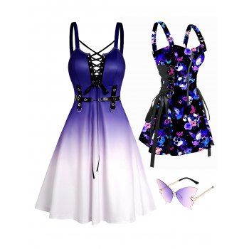 Ombre Lace Up Crisscross Grommet A Line Mini Dress And Skull Butterfly Print Half Zipper Mini Dress Ombre Sunglass Set, Multicolor
Ombre Lace Up Crisscross Grommet A Line Mini Dress And Skull Butterfly Print Half Zipper Mini Dress Ombre Sunglass Set, Multicolor