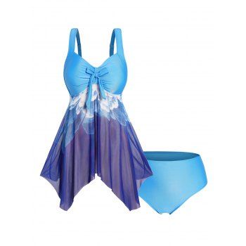 

Plus Size Tankini Swimsuit Flower Print Sheer Mesh Asymmetric Padded Modest Swimsuit High Waist Bathing Suit, Deep blue