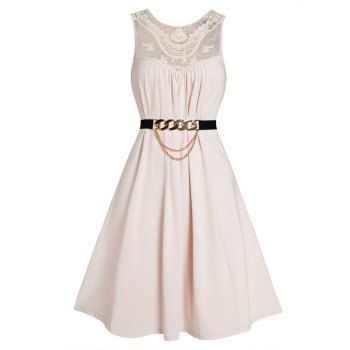 Plain Color Dress Lace Panel Hollow Out Chain Embellishment Belted High Waisted A Line Mini Dress, Light coffee
Plain Color Dress Lace Panel Hollow Out Chain Embellishment Belted High Waisted A Line Mini Dress, Light coffee