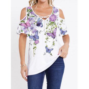 Butterfly Flower Leaf Print T Shirt Crisscross Cold Shoulder V Neck Long Tee, White
Butterfly Flower Leaf Print T Shirt Crisscross Cold Shoulder V Neck Long Tee, White