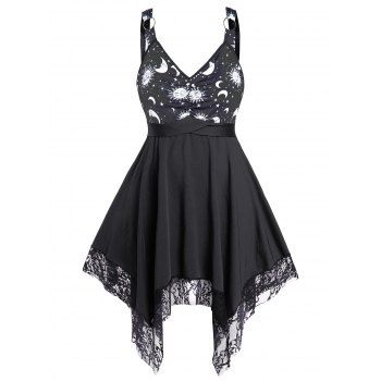 Plus Size & Curve Dress Sun Moon Star Celestial Print Ruched Lace Hem Empire Waist A Line Midi Dress, Black
Plus Size & Curve Dress Sun Moon Star Celestial Print Ruched Lace Hem Empire Waist A Line Midi Dress, Black