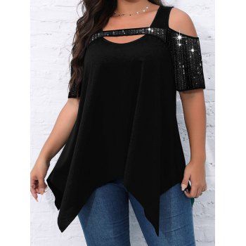 Plus Size Cold Shoulder T Shirt Sequined Cut Out Plain Color Handkerchief Hem Tee, Black
Plus Size Cold Shoulder T Shirt Sequined Cut Out Plain Color Handkerchief Hem Tee, Black