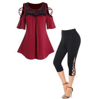 Colorblock Lace Panel Ruched Crisscross Cold Shoulder T Shirt And Lattice Capri Leggings Casual Outfit, Multicolor
Colorblock Lace Panel Ruched Crisscross Cold Shoulder T Shirt And Lattice Capri Leggings Casual Outfit, Multicolor