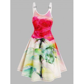 

Rose Watercolor Painting Print A Line Dress O Ring Straps V Neck Sleeveless Dress, Light pink