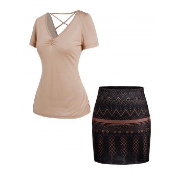 Plain Color Lace Up Ruched V Neck T Shirt And Tribal Geometric Print Mini Zip Fly Skirt Casual Outfit, Multicolor
Plain Color Lace Up Ruched V Neck T Shirt And Tribal Geometric Print Mini Zip Fly Skirt Casual Outfit, Multicolor
