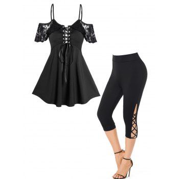 Cold Shoulder Lace Sleeve Lace Up Empire Waist T Shirt And Lattice Capri Leggings Casual Outfit, Black
Cold Shoulder Lace Sleeve Lace Up Empire Waist T Shirt And Lattice Capri Leggings Casual Outfit, Black