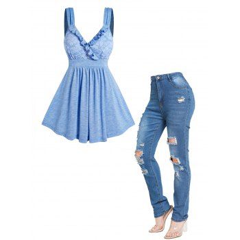 Ruffles Surplice Plunge Sheer Lace Overlay Tank Top And Pockets Ripped Long Destroyed Jeans Casual Outfit, Multicolor
Ruffles Surplice Plunge Sheer Lace Overlay Tank Top And Pockets Ripped Long Destroyed Jeans Casual Outfit, Multicolor