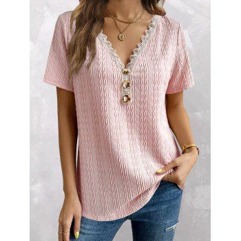 Textured Solid Color Short Sleeve T-shirt Mock Button Lace Trim V Neck Tee, Light pink
Textured Solid Color Short Sleeve T-shirt Mock Button Lace Trim V Neck Tee, Light pink