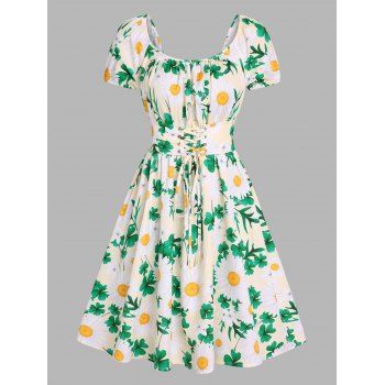 Allover Daisy Leaf Print Vacation Dress Lace Up Short Sleeve Mini Dress, Light green
Allover Daisy Leaf Print Vacation Dress Lace Up Short Sleeve Mini Dress, Light green