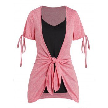 Bowknot Tie Knot Short Sleeve Heathered Top And Basic Spaghetti Strap Camisole Two Piece Set, Light pink
Bowknot Tie Knot Short Sleeve Heathered Top And Basic Spaghetti Strap Camisole Two Piece Set, Light pink