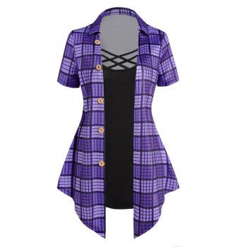 Plaid Print Faux Twinset T Shirt Lattice Strap Mock Button Turn Down Collar Twofer Tee, Concord
Plaid Print Faux Twinset T Shirt Lattice Strap Mock Button Turn Down Collar Twofer Tee, Concord