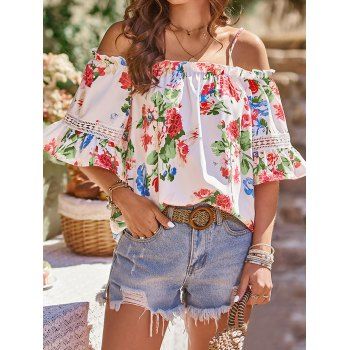 Flower Print Cold Shoulder Blouse Lace Panel Spaghetti Strap Flare Sleeve Top, White
Flower Print Cold Shoulder Blouse Lace Panel Spaghetti Strap Flare Sleeve Top, White
