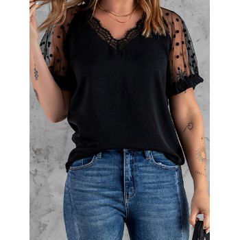 See Thru Mesh Ruffles Short Sleeve Blouse Solid Color Lace Trim V Neck Blouse, Black
See Thru Mesh Ruffles Short Sleeve Blouse Solid Color Lace Trim V Neck Blouse, Black