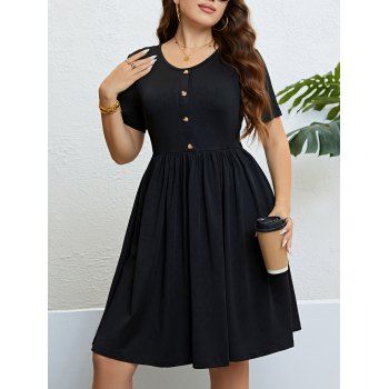 Plus Size Dress Plain Color Mock Button High Waisted Ruched Short Sleeve A Line Mini Dress, Black 
Plus Size Dress Plain Color Mock Button High Waisted Ruched Short Sleeve A Line Mini Dress, Black