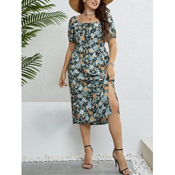 Plus Size Vacation Dress Allover Flower Print Slit Square Neck Puff Sleeve A Line Midi Dress, Blue
Plus Size Vacation Dress Allover Flower Print Slit Square Neck Puff Sleeve A Line Midi Dress, Blue