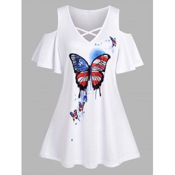 Butterfly Star Striped Print T Shirt Crisscross Cold Shoulder V Neck Patriotic Tee, White
Butterfly Star Striped Print T Shirt Crisscross Cold Shoulder V Neck Patriotic Tee, White