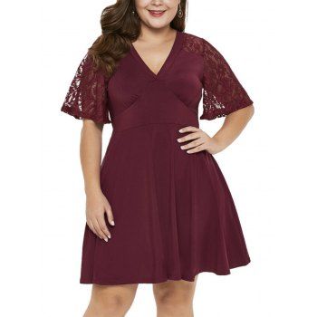 Plus Size Dress Lace Sleeve Empire Waist Plain Color V Neck A Line Midi Dress, Deep red
Plus Size Dress Lace Sleeve Empire Waist Plain Color V Neck A Line Midi Dress, Deep red