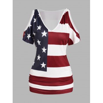 American Flag Print T-shirt Cold Shoulder Ruched Plunge Short Sleeve Tee, Deep red
American Flag Print T-shirt Cold Shoulder Ruched Plunge Short Sleeve Tee, Deep red