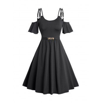 Cold Shoulder Short Sleeve Dress Dual Strap Metal Chain Detail Casual Dress, Black
Cold Shoulder Short Sleeve Dress Dual Strap Metal Chain Detail Casual Dress, Black