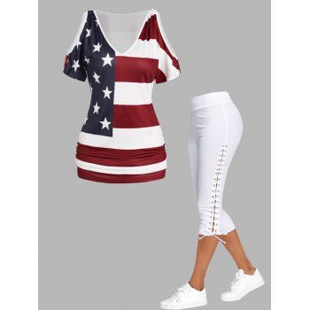 American Flag Cold Shoulder Ruched V Neck T-shirt And Lace Up Capri Leggings Patriotic Outfit, Multicolor
American Flag Cold Shoulder Ruched V Neck T-shirt And Lace Up Capri Leggings Patriotic Outfit, Multicolor