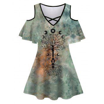 Tie Dye Tree Print T Shirt Crisscross V Neck Cold Shoulder Casual Tee, Deep green
Tie Dye Tree Print T Shirt Crisscross V Neck Cold Shoulder Casual Tee, Deep green