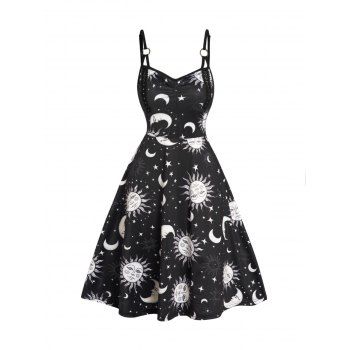 Celestial Sun Moon Star Allover Print Cami Dress Ruched Lace Detail Spaghetti Strap Dress, Black
Celestial Sun Moon Star Allover Print Cami Dress Ruched Lace Detail Spaghetti Strap Dress, Black