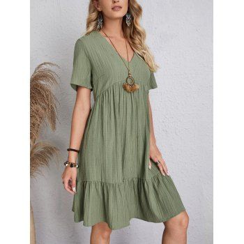 Solid Color Textured Mini Dress V Neck High Waist Flounce Short Sleeve Dress, Green
Solid Color Textured Mini Dress V Neck High Waist Flounce Short Sleeve Dress, Green
