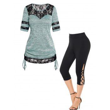 Sheer Lace Panel Cinched Short Sleeve T-shirt And Lattice Capri Leggings Outfit, Multicolor
Sheer Lace Panel Cinched Short Sleeve T-shirt And Lattice Capri Leggings Outfit, Multicolor