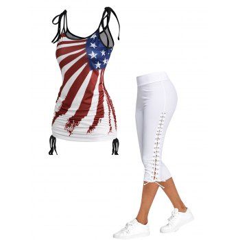 Patriotic Tied Shoulder Striped Star Print Cinched Ruched Long Tank Top And Lace Up Capri Leggings Outfit, Multicolor
Patriotic Tied Shoulder Striped Star Print Cinched Ruched Long Tank Top And Lace Up Capri Leggings Outfit, Multicolor