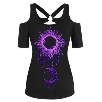 Cold Shoulder Cut Out T-shirt Sun And Moon Print O Ring Short Sleeve Tee, Black
Cold Shoulder Cut Out T-shirt Sun And Moon Print O Ring Short Sleeve Tee, Black
