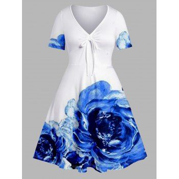 

Plus Size Dress Flower Print Cinched V Neck Empire Waist A Line Midi Dress, Blue
