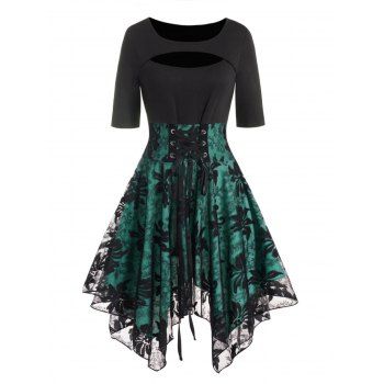 Printed Lace Panel Dress Colorblock Cut Out Lace Up Asymmetrical Midi Dress, Black
Printed Lace Panel Dress Colorblock Cut Out Lace Up Asymmetrical Midi Dress, Black