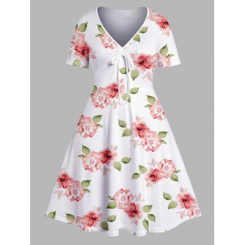 

Plus Size & Curve Dress Flower Leaf Print V Neck Tied Fresh Style A Line Midi Dress, White