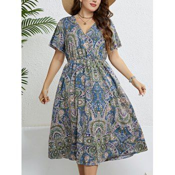 Plus Size Dress Allover Paisley Flower Printed Surplice High Waisted Plunge Neck A Line Midi Dress, Blue
Plus Size Dress Allover Paisley Flower Printed Surplice High Waisted Plunge Neck A Line Midi Dress, Blue