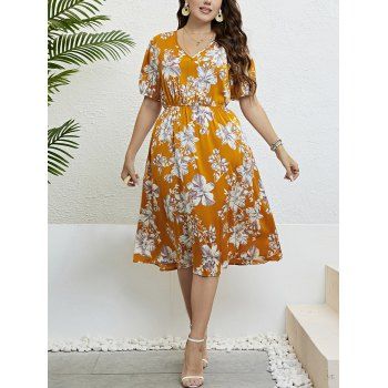 Plus Size Dress Flower Print V Neck High Waisted A Line Midi Vacation Dress, Deep yellow
Plus Size Dress Flower Print V Neck High Waisted A Line Midi Vacation Dress, Deep yellow
