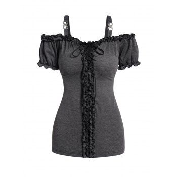 

Cold Shoulder T Shirt Ruffle Lace Up Heather Long Tee, Dark gray