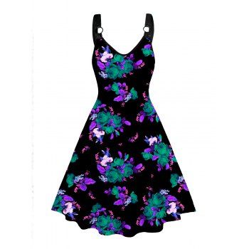Plus Size Dress Flower Leaf Print V Neck O-ring Strap High Waisted A Line Midi Dress, Black
Plus Size Dress Flower Leaf Print V Neck O-ring Strap High Waisted A Line Midi Dress, Black