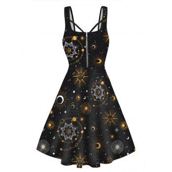 Celestial Sun Moon Galaxy Print Mini Dress Half Zipper Sleeveless Casual Dress, Black
Celestial Sun Moon Galaxy Print Mini Dress Half Zipper Sleeveless Casual Dress, Black