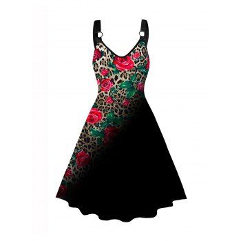 Plus Size Dress Leopard Rose Leaf Print V Neck O-ring Strap A Line Midi Dress, Black
Plus Size Dress Leopard Rose Leaf Print V Neck O-ring Strap A Line Midi Dress, Black