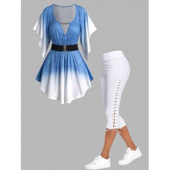 Faux Denim 3D Print Cut Out Chain Butterfly Sleeve Belted T-shirt And Lace Up Capri Leggings Outfit, Multicolor
Faux Denim 3D Print Cut Out Chain Butterfly Sleeve Belted T-shirt And Lace Up Capri Leggings Outfit, Multicolor