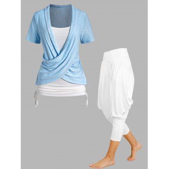 Colorblock Hollow Out Cinched Crossover Short Sleeve Faux Twinset T-shirt And Elastic Waist Draped Lantern Pants Outfit, Multicolor
Colorblock Hollow Out Cinched Crossover Short Sleeve Faux Twinset T-shirt And Elastic Waist Draped Lantern Pants Outfit, Multicolor