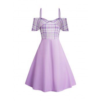 Plaid Print Cold Shoulder Mini Dress Flounce Short Sleeve Adjustable Strap Dress, Light purple
Plaid Print Cold Shoulder Mini Dress Flounce Short Sleeve Adjustable Strap Dress, Light purple