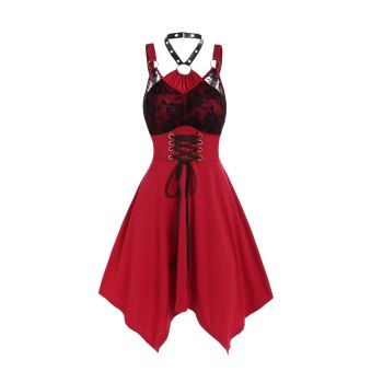 

Corset Style Gothic Asymetrical A Line Dress Lace-up Rose Lace Insert O Ring Halter Dress, Deep red