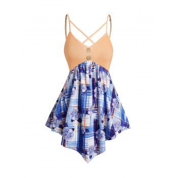 Colorblock Tank Top Plaid Flower Print Mock Button Crisscross Asymmetrical Hem Tank Top, Light blue
Colorblock Tank Top Plaid Flower Print Mock Button Crisscross Asymmetrical Hem Tank Top, Light blue