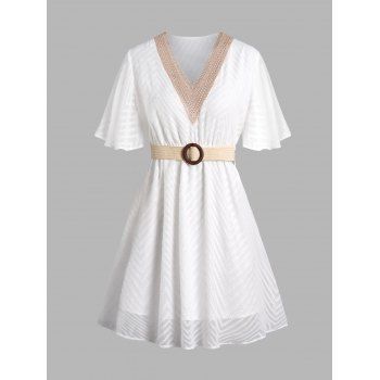 Textured Contrast Trim V Neck Mini Dress Half Sleeve O Ring Belted Dress, White
Textured Contrast Trim V Neck Mini Dress Half Sleeve O Ring Belted Dress, White
